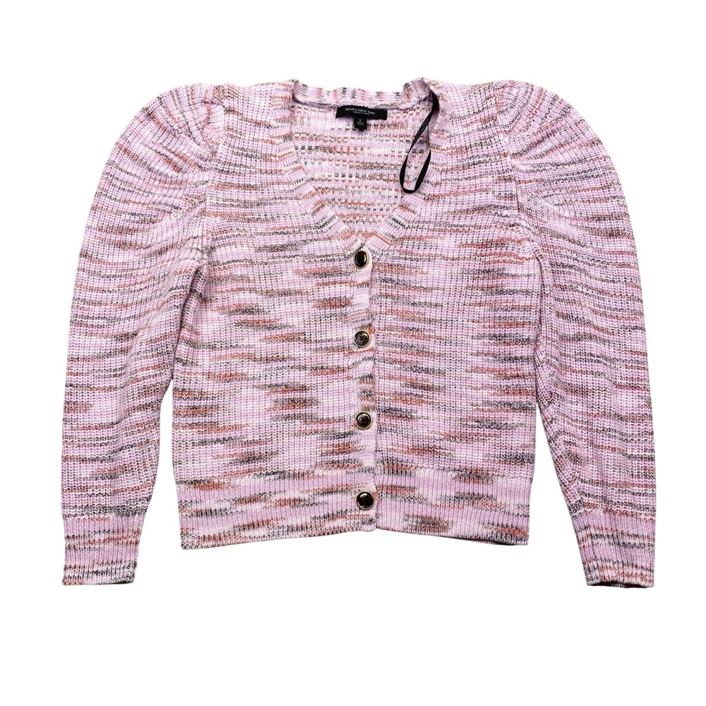 Marc New York Pink Multi Stripe Puff Sleeve Button Front Cardigan Sweater Size S